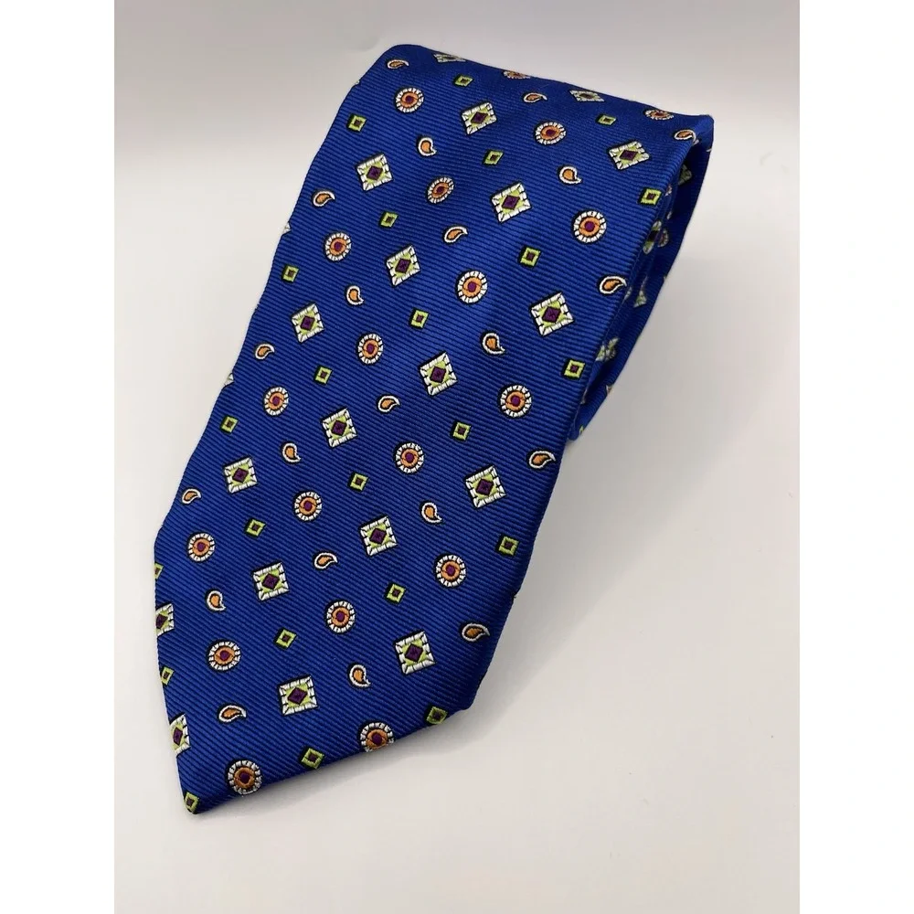 ETRO Men's 100% Silk Necktie ITALY Designer Geometric Blue EUC